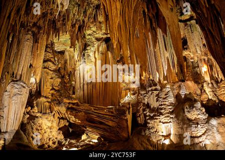 LURAY, Virginie — la stalactite tombée dans les grottes de Luray représente l'une des caractéristiques géologiques les plus importantes du système de grottes. Cette formation massive s'est détachée du plafond lors d'un tremblement de terre il y a environ 7 000 ans. Les scientifiques de la Smithsonian institution ont utilisé la croissance minérale subséquente où la stalactite a contacté d'autres formations pour dater cet événement géologique. Banque D'Images