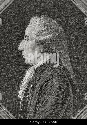 Jean Sylvain Bailly (1736-1793) Homme politique, scientifique et universitaire français. Maire de Paris (1789-1791). Élu le 12 mai 1789, premier député du tiers état de Paris aux États généraux. Président de l'Assemblée nationale (17 juin-3 juillet 1798). Appelé à témoigner lors du procès de Marie-Antoinette, il refuse de témoigner contre elle et dépose en sa faveur, ce qui aboutit à son procès le 11 novembre 1793, condamné à la guillotine et exécuté le lendemain. Portrait. Dessin de Hippolyte de la Charlerie. Gravure par Pannemaker. "Histoire de la Révolution française". Volume I, 1876. Banque D'Images