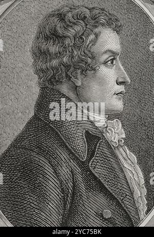 Antoine Christophe Merlin (1762-1833) dit Merlin de Thionville. Politicien français. Le 4 septembre 1791, il est élu député du département de la Moselle à l'Assemblée législative. En septembre 1792, il est réélu député de la Moselle à la Convention nationale. Il participe à la réaction thermidorienne qui conduit à la chute de Robespierre et est nommé au Comité de sécurité générale le 31 juillet 1794. Membre du Conseil des cinq cents sous le Directoire. Portrait. Gravure. "Histoire de la Révolution française". Volume I, 1876. Banque D'Images