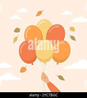 Main tenant des ballons orange et jaunes avec des feuilles d'automne volantes autour. Illustration vectorielle plate Illustration de Vecteur