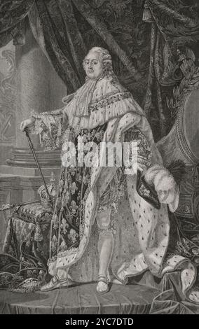 Louis XVI (1754-1793) Roi de France (1774-1792). Il fut le dernier roi de France avant la chute de la monarchie pendant la Révolution française. Portrait. Gravure d'après un tableau, daté entre 1778 et 1779, d'Antoine Callet (1741-1823). "Histoire de la Révolution française". Volume I, 1876. Banque D'Images