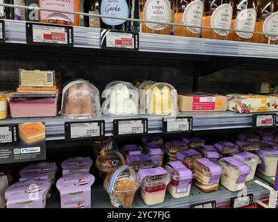Rangée de panna cotta de chat, pudding de chat, chats de pannacotta (chocolat, vanille, saveur mangue), emballé dans des dômes en plastique dans une étagère de supermarché ; nourriture virale Banque D'Images