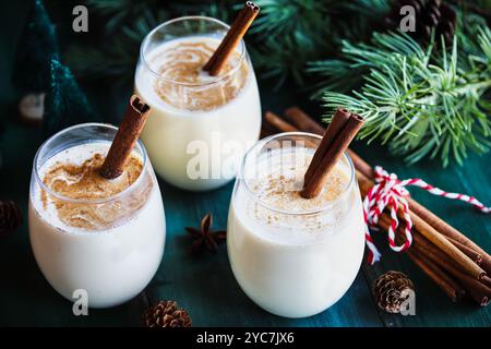 Trois verres de lait de poule crémeux avec des bâtonnets de cannelle et étoile d'anis. Mise au point sélective avec arrière-plan festif flou. Banque D'Images