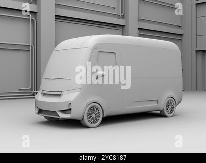 Rendu en argile du parking Electric Delivery Van dans un entrepôt. Conception générique. Image de rendu 3D. Banque D'Images