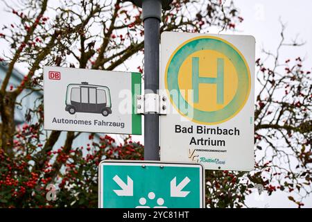 Bad Birnbach, Bavière, Allemagne - 21 octobre 2024 : arrêt de bus du véhicule autonome ou autonome de Deutsche Bahn à Bad Birnbach. *** Bus-Haltestelle des AUTOMEN, bzw. Selbstfahrenden Fahrzeuges der Deutschen Bahn à Bad Birnbach. Banque D'Images