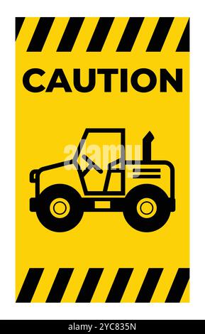 Un panneau de mise en garde avec une illustration simplifiée du tracteur. Le fond jaune vif et les bandes noires audacieuses soulignent le message de sécurité, parfait Illustration de Vecteur