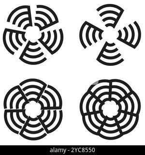 Icônes abstraites circulaires. Formes radiales noires et blanches. Motifs floraux géométriques. Jeu de symboles vectoriels. Illustration de Vecteur