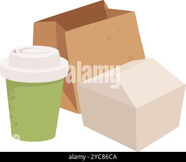 Récipient jetable pour aliments de restauration rapide. Conteneurs de livraison de nourriture à emporter, boîte en carton, sac en papier et tasse en plastique pour icône d'illustration vectorielle plate de boissons Illustration de Vecteur