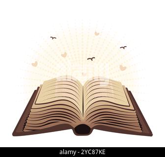 Vieux livre ouvert beige avec texte abstrait, lumière, oiseaux et coeurs, littérature sombre de l'académie, journal vintage épais, illustration de couleur vectorielle Illustration de Vecteur