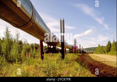 L'Alaska Pipeline, plus officiellement appelé TRANS-Alaska Pipeline System (TAPS), a été construit entre 1974 et 1977 et comprend le pipeline de pétrole brut trans-Alaska, 12 stations de pompage, plusieurs centaines de milles de pipelines d'alimentation et le terminal maritime de Valdez. TAPS est l'un des plus grands réseaux de pipelines au monde. Il est communément appelé pipeline Alaska, pipeline trans-Alaska ou pipeline Alyeska, mais ces termes ne s'appliquent techniquement qu'aux 800 milles (1 287 km) du pipeline qui transporte le pétrole de la baie de Prudhoe à Valdez, en Alaska. Source : https://en.wikipedia.org/wiki/Trans-Alaska Pipeline Sy Banque D'Images