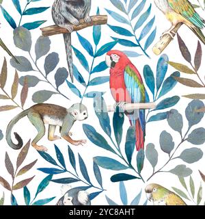 Motif de luxe aquarelle avec des animaux tropicaux, des oiseaux et des feuilles dorées scintillantes. Illustration originale dessinée à la main Banque D'Images