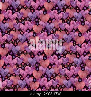 Un motif vibrant et vivant avec des coeurs dans de belles nuances de rose et de violet sur un fond sombre. Motif sans couture aquarelle pour l'impression sur tissu et papier. Banque D'Images
