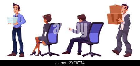 Employés de bureau personnages dans différentes tâches. Ensemble de vecteur de dessin animé de la personne masculine tenant la pile de papier et portant deux boîtes, homme et femme assis dans la chaise avec le dos. Activités diverses dans les affaires. Illustration de Vecteur