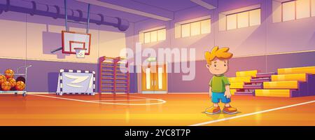 Garçon joyeux debout dans le gymnase de l'école prêt pour le sport. Illustration vectorielle de dessin animé d'une salle d'exercice spacieuse avec des balles de basket-ball empilées et un cerceau, une porte de but de football, des bancs et des équipements d'activité. Illustration de Vecteur