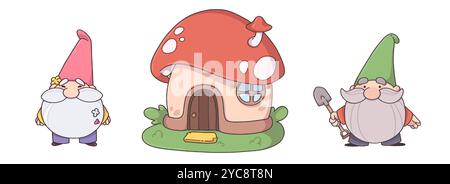 Gnomes de jardin et maison de champignon ensemble isolé sur fond blanc. Illustration de bande dessinée vectorielle contemporaine de vieux personnages masculins avec la barbe grise portant des chapeaux de couleur, tenant une pelle, cabane forestière mignonne Illustration de Vecteur