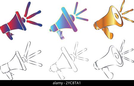 logos d'icônes d'annonce ensemble de six avec bleu rouge rose et couleur dorée et contour argenté Illustration de Vecteur