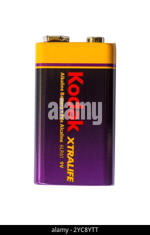 Pile alcaline KODAK xtralife 9v isolée sur fond blanc Banque D'Images