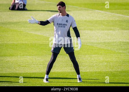 Valdebebas, Madrid, Espagne. 21 octobre 2024. Thibaut Courtois du Real Madrid CF s'est entraîné lors de l'entraînement de la phase MD3 de l'UEFA Champions League 2024/25 et de la conférence de presse à Ciudad Real Madrid le 21 octobre 2024 à Madrid, Espagne. (Crédit image : © Alberto Gardin/ZUMA Press Wire) USAGE ÉDITORIAL SEULEMENT! Non destiné à UN USAGE commercial ! Banque D'Images