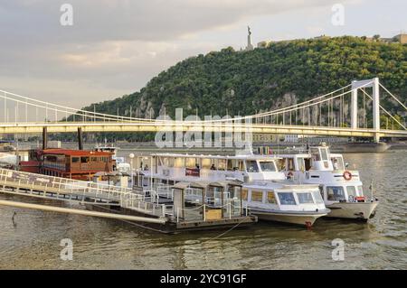 Bateaux de croisière fluviale au pont Elizabeth au-dessous de la colline Gellert, Budapest, Hongrie, Europe Banque D'Images