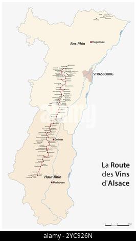 Carte vectorielle de la route des vins d'Alsace, France, Europe Banque D'Images