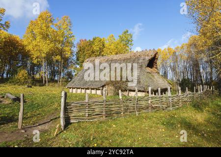 L'Âge de Bronze Longue Maison sur une prairie avec une clôture de la direction générale Banque D'Images