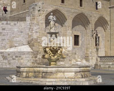 Fontaine à la place Marie en face à la Plaza de la Cathédrale dédiée à la Vierge Marie, Burgos, Castille-et-Léon, Espagne, Europe Banque D'Images