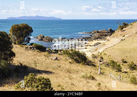 Spiky Beach est une plage de sable reculée avec une rive rocheuse entourée de collines basses, Swansea, Tasmanie, Australie, Océanie Banque D'Images