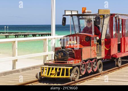 Le train électrique appelé 'le stocker Preston Express' sur la célèbre jetée de Busselton, Busselton, WA, Australie, Océanie Banque D'Images