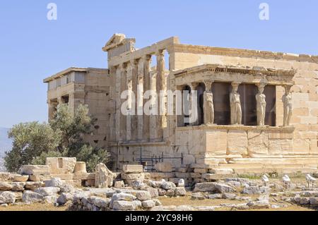 Erechtheion est un ancien temple grec sur le côté nord de l'Acropole facilement reconnaissables par les cariatides, les colonnes architecturales sous la forme Banque D'Images