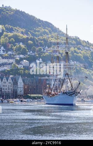 Vue sur le port de Bergen en Norvège avec un voilier sur le chemin de la mer Banque D'Images