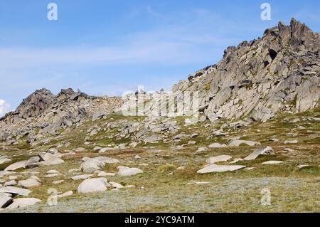 Crête rocheuse au Mont Kosciuszko Lookout au-dessus de Thredbo dans les Snowy Mountains de Nouvelle-Galles du Sud, Australie, Océanie Banque D'Images