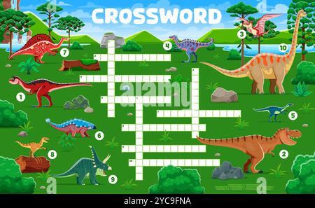 Grille de jeu de mots croisés, dinosaures préhistoriques et reptiles. Puzzle de recherche de mot d'enfants de vecteur, feuille de travail de jeu, casse-tête d'énigme pour les enfants avec Dino de dessin animé fournissant une activité amusante et éducative Illustration de Vecteur