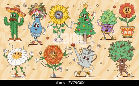 Personnages de fleurs de plantes groovy de dessin animé avec des visages souriants heureux. Jolis tournesol rétro, Marguerite et souci, Noël et oliviers personnages vectoriels. Cactus psychédéliques et personnages d'arrosage Illustration de Vecteur