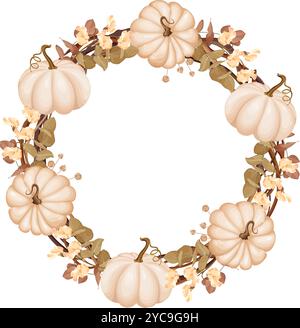 Une délicate couronne d'automne faite de citrouilles beiges, de fleurs tendres et de feuilles aux tons neutres. Illustration vectorielle. Illustration de Vecteur