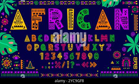 Police africaine, police ethnique, type tribal, lettres et chiffres de l'alphabet anglais natif avec motif géométrique de couleur vectorielle. Police d'alphabet tribal ethnique africain dans le cadre d'ornement folklorique avec des feuilles de palmier Illustration de Vecteur