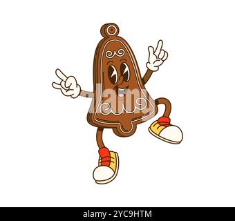 Personnage de biscuit de cloche en pain d'épice de Noël de dessin animé. Vecteur ludique pâtisserie de vacances rétro personnage avec le visage funky souriant et les décorations de glaçage, portant des baskets et montrant un geste de paix Illustration de Vecteur