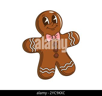 Personnage d'homme en pain d'épice groovy de Noël de dessin animé. Personnage de pâtisserie de vacances de gingerman vecteur isolé. Fraîchement cuit, joyeux, délicieuse, confection de Noël traditionnelle maison pour des salutations festives Illustration de Vecteur