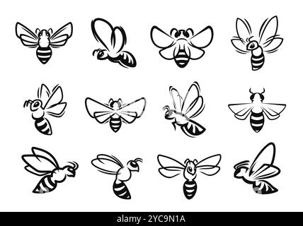 Icônes abeille, bourdon ou guêpe Hornet insecte, vecteur symboles of Honeybee in line branchés Abeilles volantes ou bourdons et insectes avec des ailes et des piqûres dans la ligne de dessin animé pour les personnages d'abeilles Illustration de Vecteur