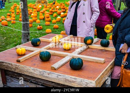 Une femme est debout devant une table avec une planche TIC-tac-toe et plusieurs citrouilles dessus Banque D'Images