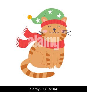Chat de Noël portant chapeau et écharpe. Mignon personnage félin drôle. Illustration vectorielle dans un style plat Illustration de Vecteur