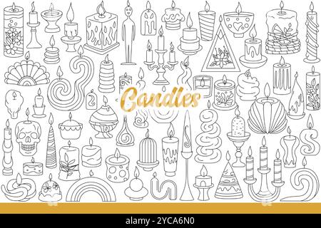 Bougies avec fétil brûlant pour décorer la table de fête et créer une atmosphère romantique. Flammes sur bougies pour rituel religieux ou aromathérapie et procédure d'exorcisme. Dessiné à la main. Illustration de Vecteur