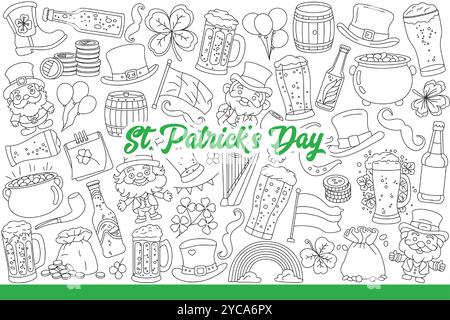 Créez le logo Patrick Day parmi les éléments festifs pour une fête amusante au style irlandais. Caractère Patrick près de mugs et bouteilles remplis de bière et feuilles de trèfle symbolisant le jour de célébration. Dessiné à la main. Illustration de Vecteur