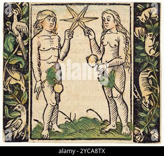 Adam et Eve tenant une étoile, illustration de Beschlossen Gart des Rosenkranz Mariae, estampe, Hans Baldung (dit Hans Baldung Grien). Gravure sur bois, colorée à la main. années 1500 Banque D'Images