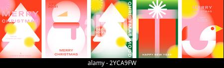 Cartes festives de Noël et de nouvel an avec arbres, bonhomme de neige et cadeaux. Parfait pour les vœux de vacances, invitations, bannières et autres projets de Noël. Illustration de Vecteur