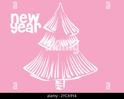 Arbre avec le mot nouvel an écrit dessus. L'arbre est blanc et rose. L'arbre est dessiné dans un style de dessin animé Illustration de Vecteur