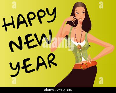 La femme est debout devant un fond vert avec les mots bonne année écrits en dessous d'elle Illustration de Vecteur