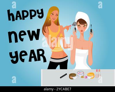 Femme se fait coiffer par une autre femme pour célébrer la bonne année 2025. La femme coiffant porte une chemise blanche. Le coiffeur Illustration de Vecteur