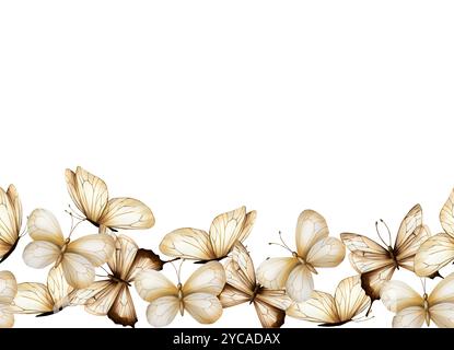 Cadre sans couture, frontière, bannière avec des papillons boho. Aquarelle dessinée à la main clipart d'insecte beige isolé sur fond. Botanique et mariage Banque D'Images