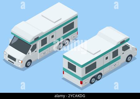 Vue isométrique de l'arrière et de l'avant du camping-car. Kemper marchant le long de la route dans les deux sens. Illustration de Vecteur