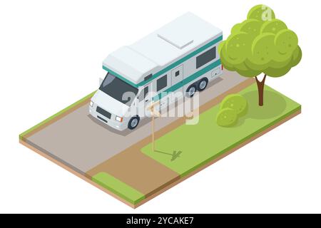 Vue isométrique de l'arrière et de l'avant du camping-car. Kemper marchant le long de la route dans les deux sens. Illustration de Vecteur
